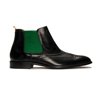 Black Green Contrast Chelsea Jumper Slip On Wing Tip Patent Real Leather Brogue Toe High Ankle Boots - Thumbnail 1