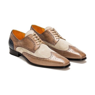 Oxford Beige and Brown Wing Tip Full Brogue Toe Suede Genuine Leather Lace Up Handcrafted Shoes