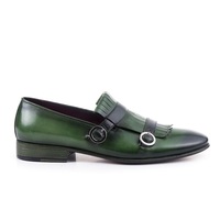 Monk Green Double Buckle Fringed Vintage Leather Burnished Derby Toe Handmade Spectator Shoes - Thumbnail 1