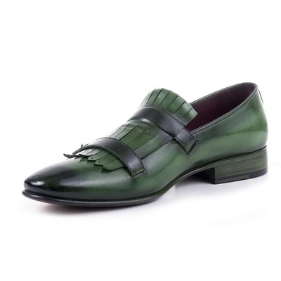 Monk green double buckle fringed vintage leather burnished derby toe handmade spectator shoes