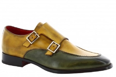 Double Buckle Monk Strap Green Tan Rounded Apron Toe Real Leather Handmade Black Sole Shoes