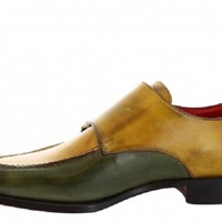 Double Buckle Monk Strap Green Tan Rounded Apron Toe Real Leather Handmade Black Sole Shoes - Thumbnail 1