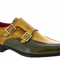 Double Buckle Monk Strap Green Tan Rounded Apron Toe Real Leather Handmade Black Sole Shoes - Thumbnail 4