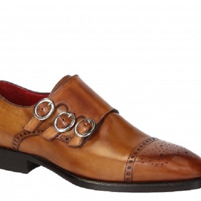 Monk brown triple buckle strap rounded brogue cap toe genuine leather handmade fashion shoes