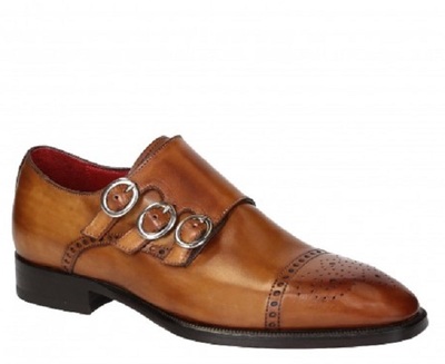 Monk Brown Triple Buckle Strap Rounded Brogue Cap Toe Genuine Leather Handmade Fashion Shoes
