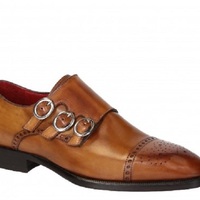 Monk Brown Triple Buckle Strap Rounded Brogue Cap Toe Genuine Leather Handmade Fashion Shoes - Thumbnail 4