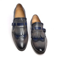 Two Tone Monk Blue Black Single Buckle Strap Fringed Real Leather Wing Tip Derby Toe Handmade Shoes - Thumbnail 1