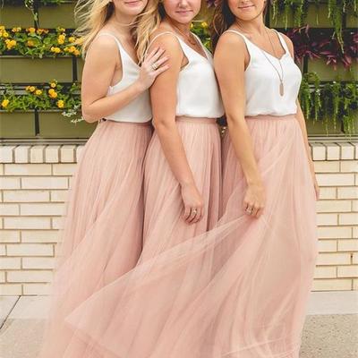 Cute light pink sleeveless floor length a-line tulle bridesmaid dress,691