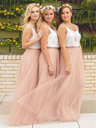 Cute Light Pink Sleeveless Floor Length A-Line Tulle Bridesmaid Dress,691