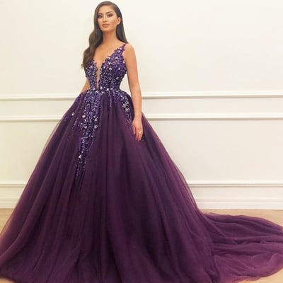 Gorgeous plum ball gown with crystals,deep-v neck tulle prom dresses,beads evening dresses,693