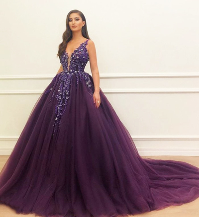 Gorgeous Plum Ball Gown with Crystals,Deep-v neck Tulle Prom Dresses,Beads Evening Dresses,693