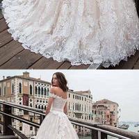 Romantic White Lace Wedding Dress,Off Shoulder A-Line Bridal Dress,Long Train Wedding Gown,696 - Thumbnail 1