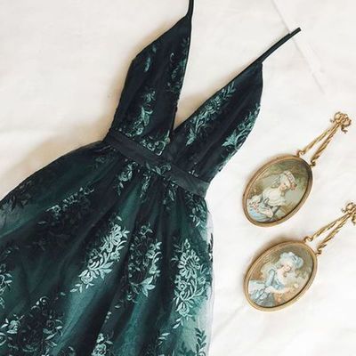 Dark green lace homecoming dresses,v neck a line graduation dresses,697