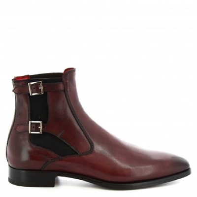 Rounded double buckle strap chelsea maroon genuine leather derby toe handmade high ankle boots - Thumbnail 2