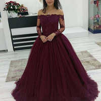 Ball Gown Long Sleeves Wine Red Tulle Prom Dresses with Appliques Lace,698 - Thumbnail 1