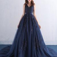 Simple V-Neck Dark Navy Lace Tulle Prom Dress,Applique Navy Blue Prom Gowns,V Neck A Line Long Navy Blue Lace Formal Elegant Evening Dress,699 - Thumbnail 1