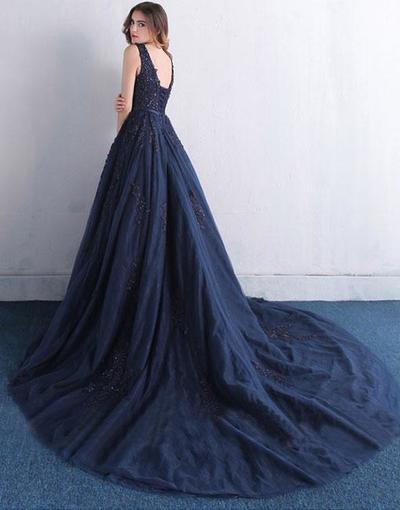 Simple V-Neck Dark Navy Lace Tulle Prom Dress,Applique Navy Blue Prom Gowns,V Neck A Line Long Navy Blue Lace Formal Elegant Evening Dress,699