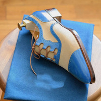 Men's Handmade Classic Beige Shoes, Beige Blue Leather Suede Decent Wedding Wear Oxfords Lace Up Cap Toe Shoes - Thumbnail 4