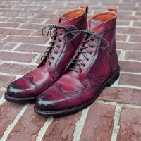 Mens Formal Wear Oxford Ankle High Burgundy Leather Lace Up Brogue Boot - Thumbnail 4