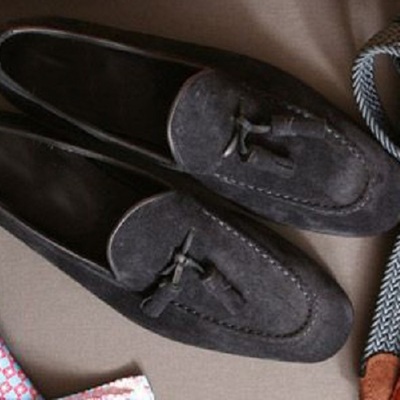 Handmade mens black grace suede tassels loafer slips on shoes