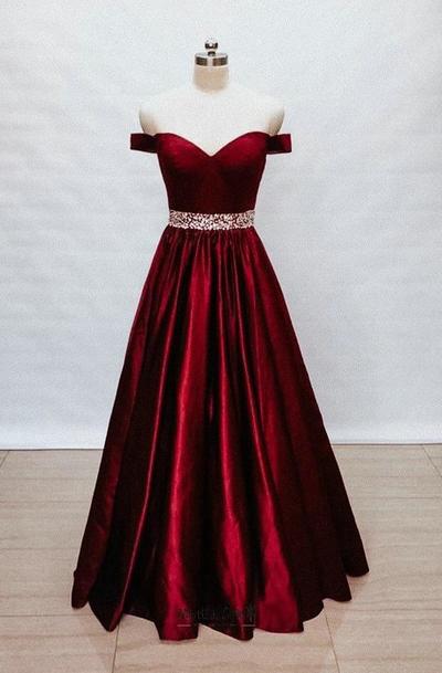 SP1358,Off the Shoulder Cheap A-line Satin Prom Evening Dresses with Beading Belt