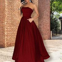 SP1362,A-Line Strapless Sleeveless Floor-Length With Ruffles Satin Dresses - Thumbnail 1