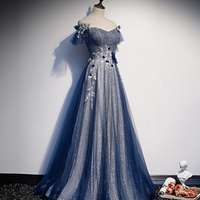 Shiny tulle sequins long prom dress blue evening dress - Thumbnail 1