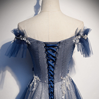 Shiny tulle sequins long prom dress blue evening dress - Thumbnail 3