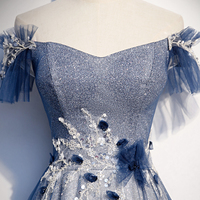 Shiny tulle sequins long prom dress blue evening dress - Thumbnail 2