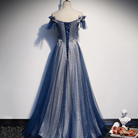 Shiny tulle sequins long prom dress blue evening dress - Thumbnail 4