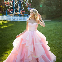 SP1365,Pink Organza Strapless Ball Gown,Sweetheart Prom Dresses,Beaded Belt Evening Party Gown - Thumbnail 1
