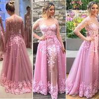 SP1369,2021 Prom Dresses,pink Lace Prom Dresses,long Sleeves Prom Dresses,mermaid Lace Prom Dresses With Appliques,evening Dresses,long Evening Dresse - Thumbnail 1