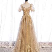 Gold tulle sequins long prom dress evening dress - Thumbnail 4
