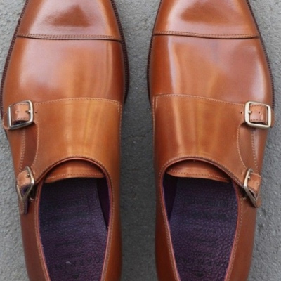 Luxury brown double monk strap leather wedding wear handmade shoes