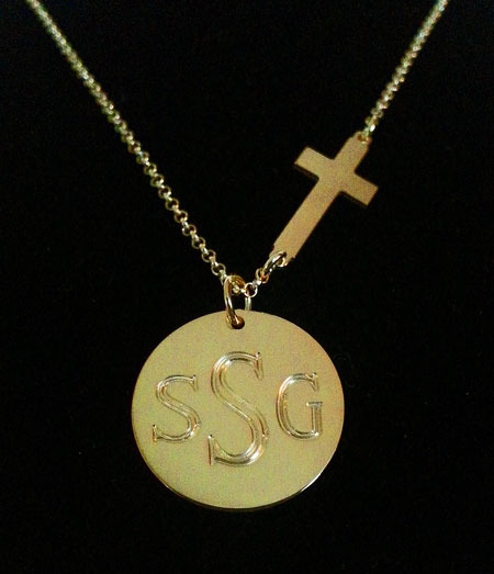 Gold Engraved Disc and Side Cross Necklace