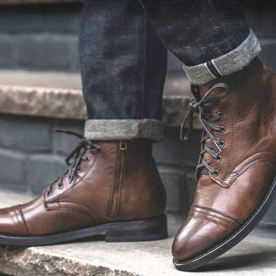 Handmade vintage brown cap toe lace up with side zipper boot,men's casual dress boot - Thumbnail 3