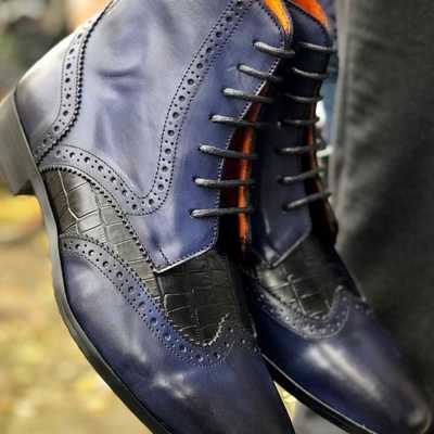 Handmade multi color wing tip ankle lace up boot,men dress formal boot - Thumbnail 2
