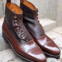 Handmade Brown Leather Cap Toe Ankle Button Top Dress Boot,Men's Boot - Thumbnail 1