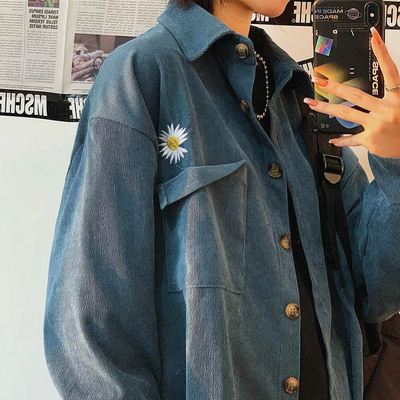 Daisy flower embroidery corduroy long sleeve shirt