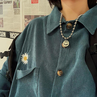 Daisy Flower Embroidery Corduroy Long Sleeve Shirt - Thumbnail 1