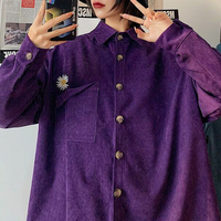 Daisy Flower Embroidery Corduroy Long Sleeve Shirt - Thumbnail 4