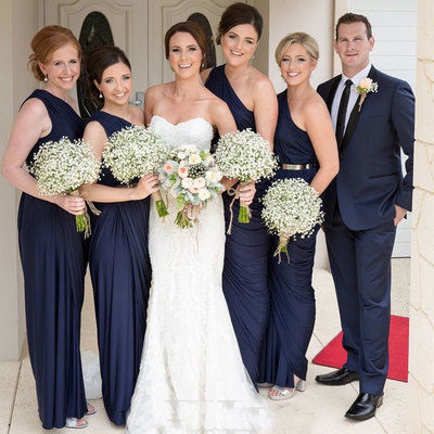 One shoulder navy blue bridesmaid dresses with gold sash - Thumbnail 4