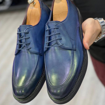 Men handmade blue leather formal shoes, men’s navy blue round toe lace up shoes