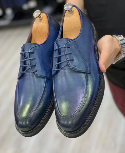 Men Handmade Blue Leather Formal Shoes, Men’s Navy Blue Round Toe Lace Up Shoes