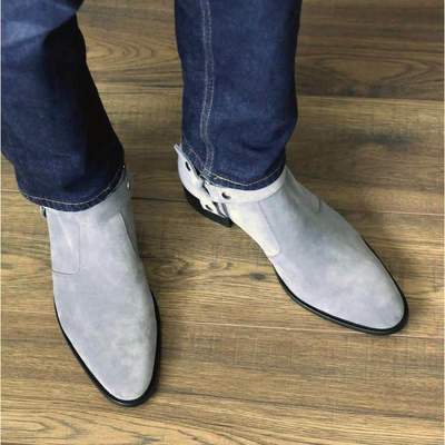 Handmade Pure Gray Suede Classic Buckle Style Ankle High Zipper Boot for Men's