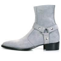 Handmade Pure Gray Suede Classic Buckle Style Ankle High Zipper Boot for Men's - Thumbnail 2