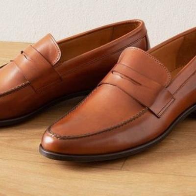 Classic brown penny loafer hand stitch genuine leather dress shoes for men
