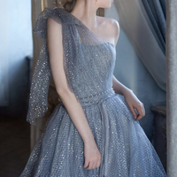 Blue tulle sequins long prom dress one shoulder evening dress - Thumbnail 1