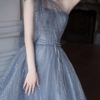 Blue tulle sequins long prom dress one shoulder evening dress - Thumbnail 2