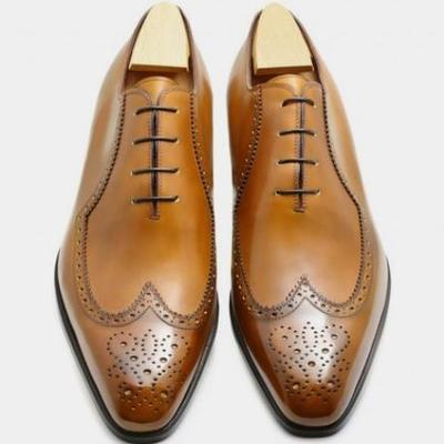 One cut classic wingtip brogue pattern tan leather lace up gift shoes ideal price - Thumbnail 5